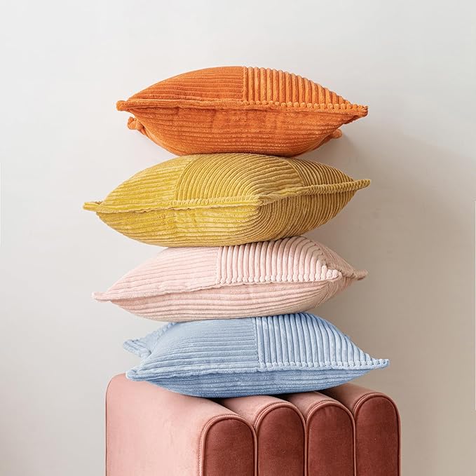 MIULEE Decorative Throw Pillow Covers for Couch Bed Livingroom 18x18 Inch Set of 2 Baby Blue Boho Accent Throw Pllows Broadside Striped Patchwork Soft Corduroy Pillowcases