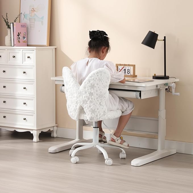 Cute Fuzzy Kids Chair for Teenage Girls Rolling Study Desk Student Chair Furry Computer Task Chair, Adjustable Butterfly Shaped Reading Vanity Chair for Bedroom, White