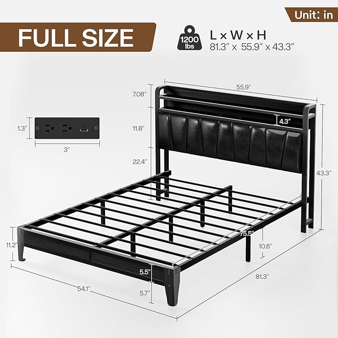 Full Size Bed Frame with 2-Tier Storage Shelves, LED Bed Frame with PU Leather Headboard, Metal Platform Bed with Charging Station, Noise Free, No Box Spring Needed, Easy Assembly, Black
