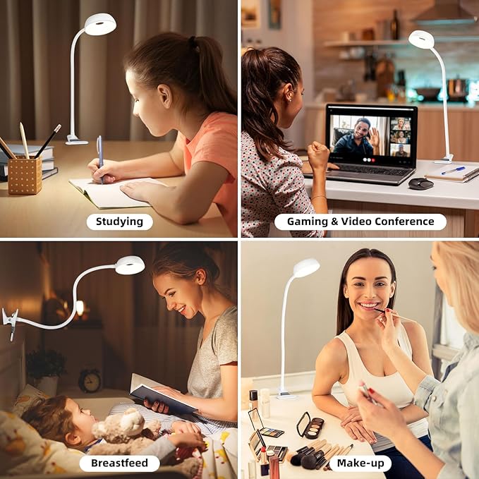 【Clip on Lamp】 10-Level Dimming & 5 Color Modes LED Book Light, Flexible Gooseneck Reading Light for Beds, Desks, Headboards - Eye-Friendly Night Light for Kids/Adults (White)