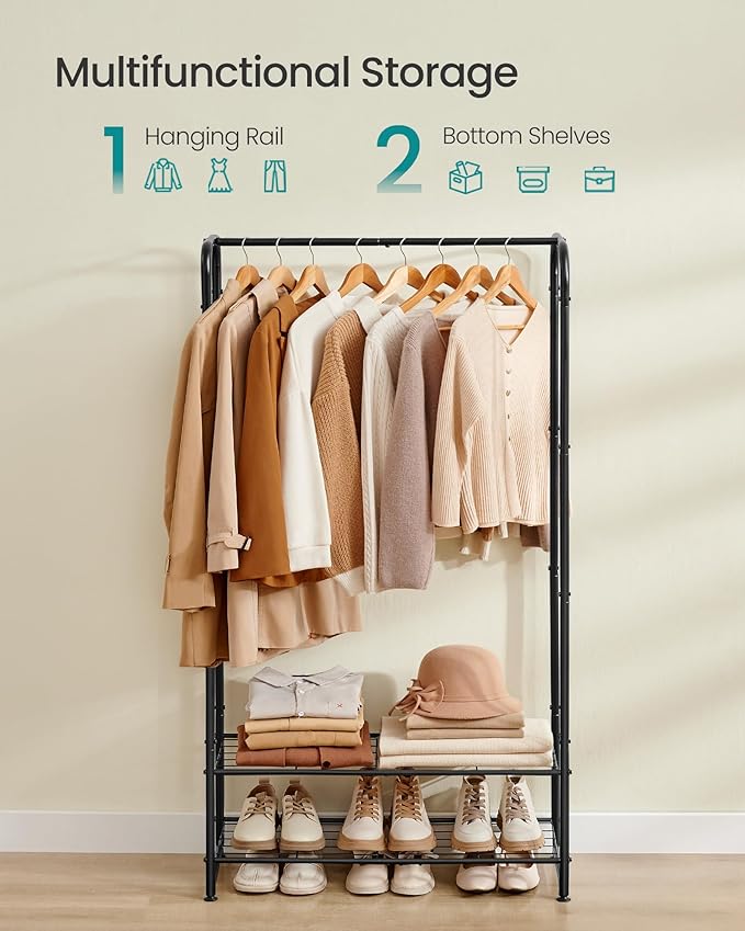 SONGMICS Wardrobe Closet, 28.7 Inch Large Portable Closet, Clothes Rack for Hanging Clothes,Heavy Duty Garment Rack, Storage Organizer with Shelves, 28.7 x 11.4 x 62.4 Inches, Black ULGR461B01