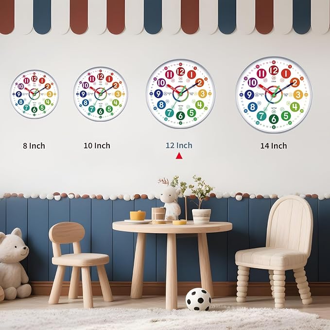 Learning Clock for Kids 12 Inch Learning to Tell Time Easily Colorful Teaching Time Clock Silent Non Ticking Battery Operated Decorative for Classroom School Kids Room Bedroom