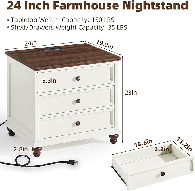 Farmhouse Nightstand Set of 2 with Charging Station, 24" Wide End Table with 3 Drawers,Dresser for Bedroom,Bed Side Table Chest of Drawers Cabinet,Wood White Night Stand for Living Room