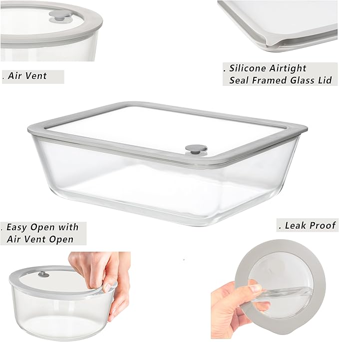 Glass Food Containers with Glass Lid, Microwave Safe Food Storage Container, Large 4 Pack Round Shape, Food Containers with Lids, Meal Prep containers with Leak Proof Lid.