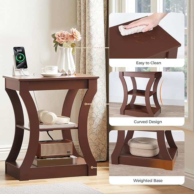 End Table with Charging Station, Set of 2, Side Table with USB Ports and Outlets, 3 Tier Nightstand with Storage Shelf for Small Spaces, Living Room, Bedroom, Cherry ETWA53E01S2