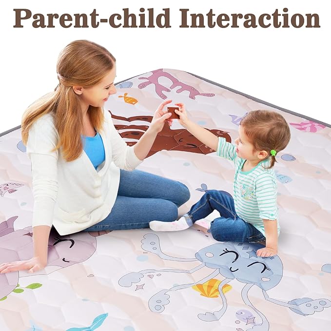 Baby Play Mats for Floor, Premium 50x50 Playpen Mat, Odorless Baby Mat, Soft Padding Infant Play Mat, Non-Slip Cushioned Baby Playmat for Babies, Machine Washable Easy Care (Marine Animals)