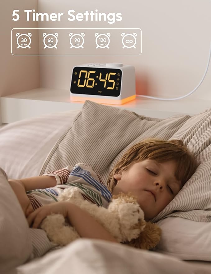 BABELIO Alarm Clock Sound Machine with Sleep Training, 17 Smoothing Sounds, Night Light, Timer, Gentle Wake up for Bedrooms, Adults, Kids and Baby