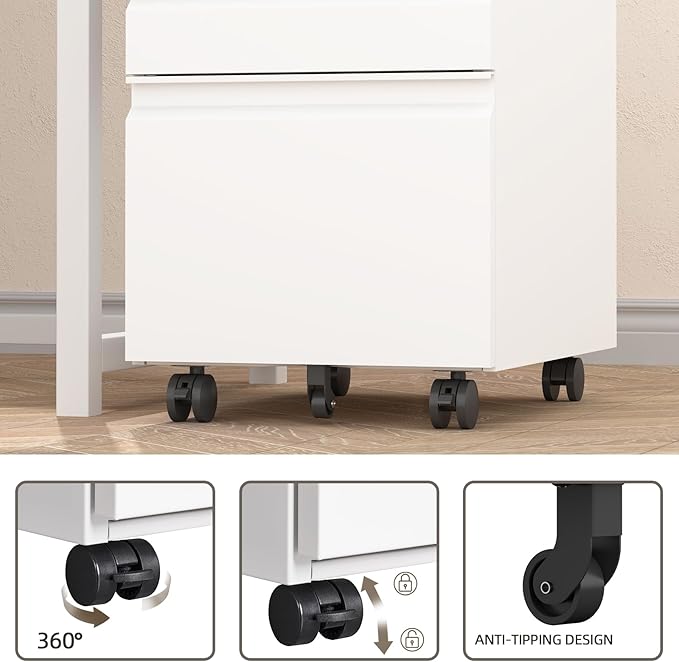 Filing Cabinets, Mobile File Cabinet with Lock for Home Office, 3 Drawer Filing Cabinet for A4/Letter/Legal Size Folder, Metal Vertical White Filing Cabnet on Wheels