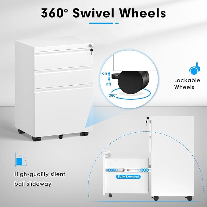 Greenvelly 3 Drawer Mobile File Cabinet with Lock, Fully Assembled Rolling File Cabinet Except Casters, Under Desk File Cabinet with Wheels for Home Office Fit Legal/Letter/A4 File (Assembled, White)