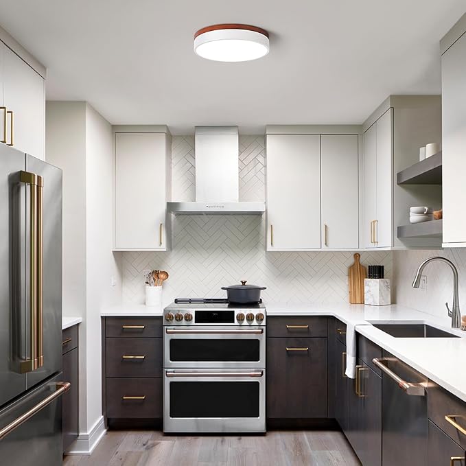 LED Ceiling Light Dimmable, White and Wood Flush Mount Ceiling Light Fixture 5CCT in One, Minimalist Round Ceiling Lamp Modern Lighting for Kitchen, Bedroom, Hallway, Laundry Room, 11.8 Inch