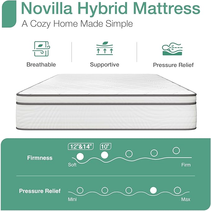 Novilla King Size Mattress 14 Inch, Hybrid King Mattress in a Box for Back Pain Relief & Support, Spring Mattresses 14 Inch with Motion Isolation & Comfy Pillow Top, Certipur-Us Certified