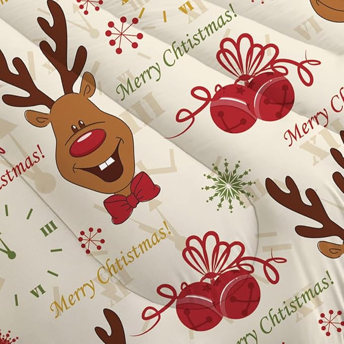 Christmas Comforter Set Full/Queen for Boys Girls, Cartoon Merry Christmas Reindeer Print Bedding Set, Christmas Decorations Cute Beige Xmas Bed Set with 1 Comforter and 2 Pillowcases