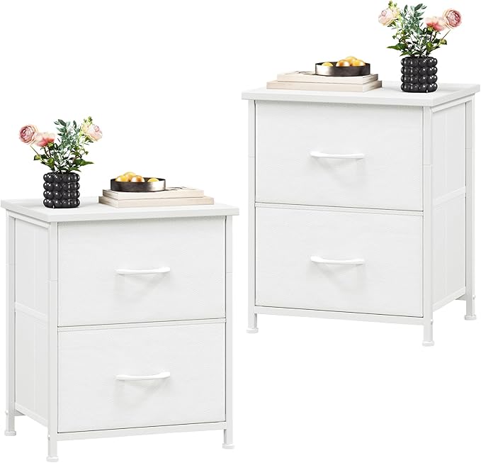Somdot White Nightstand Set of 2, Small Dresser for Bedroom with 2 Drawers, Bedside Table Night Stand End Table with Fabric Bins for Bedroom Kids Closet Dorm Guest Room, White Leather