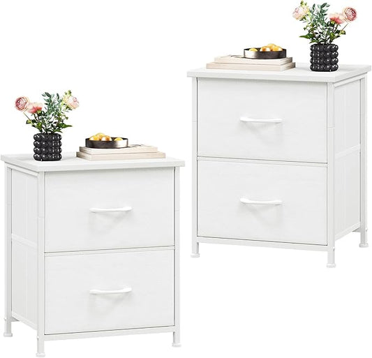 Somdot White Nightstand Set of 2, Small Dresser for Bedroom with 2 Drawers, Bedside Table Night Stand End Table with Fabric Bins for Bedroom Kids Closet Dorm Guest Room, White Leather
