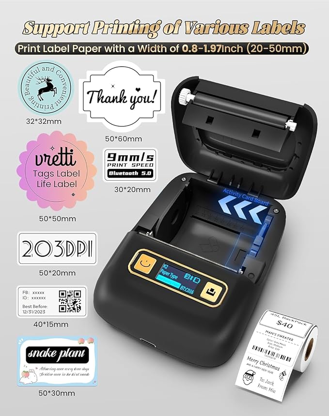 vretti Label Maker Machine with Tape, K2 Label Makers for Kids School Items, 2 Inch Bluetooth Labels Printer for Clothes Address Logo Barcode, Easy to Use, Fits Office Home School Gift - Black