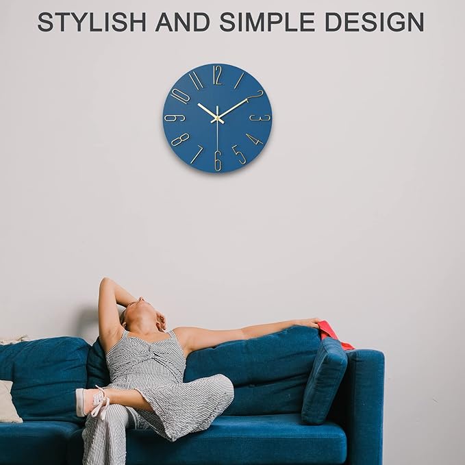 Wall Clock Battery Powered 12 inch Small Clock Analog Clock, Suitable for Home, Office, Bedroom, Kitchen, Classroom, School (Blue)