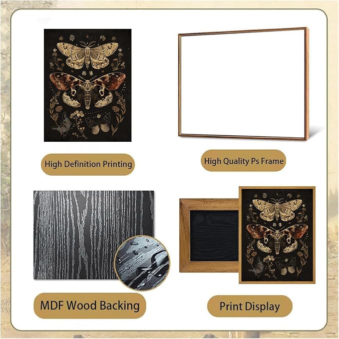 Djmwtb Vintage Framed Wall Art Moth Canvas Wall Art Prints Gothic Floral Painting Boho Dark Academia Pictures Wall Decor Artwork for Living Room Bedroom Bathroom Office 8x10in