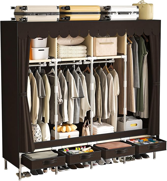 Portable Wardrobe with 4 Drawers, 4 Hanging Rods - 67" Tall Sweater Organizer, Sturdy Easy Temporary Bedroom Wardrobe Organizer, Brown