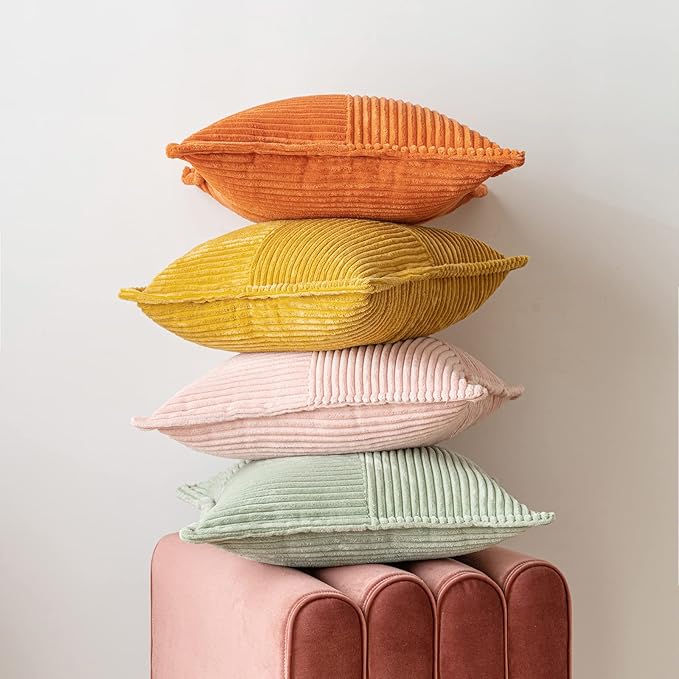 MIULEE Decorative Throw Pillow Covers for Couch Bed Livingroom 20x20 Inch Set of 2 Sage Green Boho Accent Throw Pllows Broadside Striped Patchwork Soft Corduroy Pillowcases