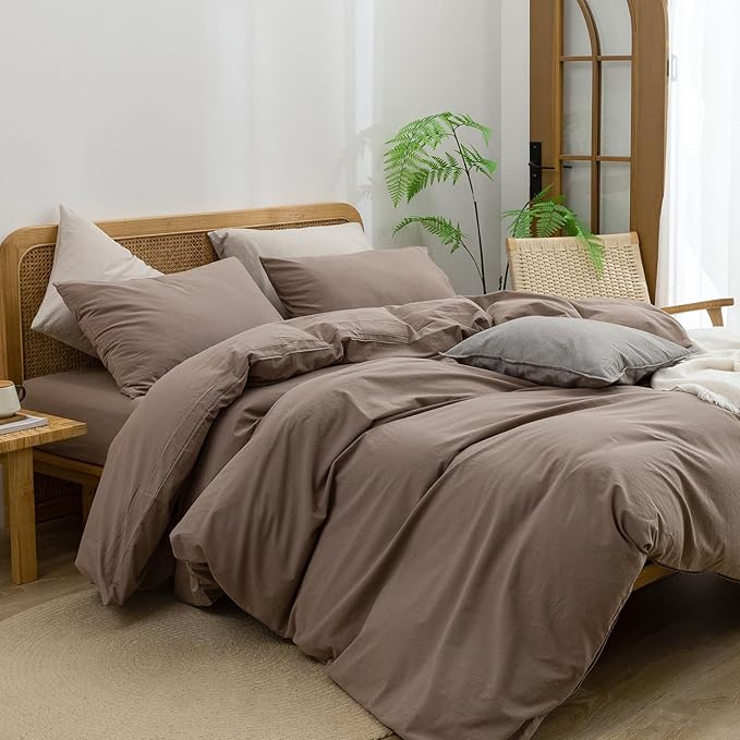 BESTOUCH Duvet Cover Set 100% Washed Cotton Linen Feel Super Soft Comfortable Chic Lightweight 3 PCs Home Bedding Set Solid Pine Bark Brown Oversized Full