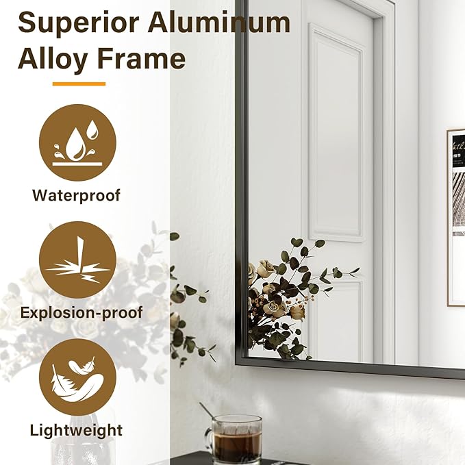 HARRITPURE 24"x36" Framed Bathroom Mirror for Wall Rectangle Mirror Aluminum Alloy Frame Wall-Mounted for Farmhouse Entryway Bedroom Living Room Black