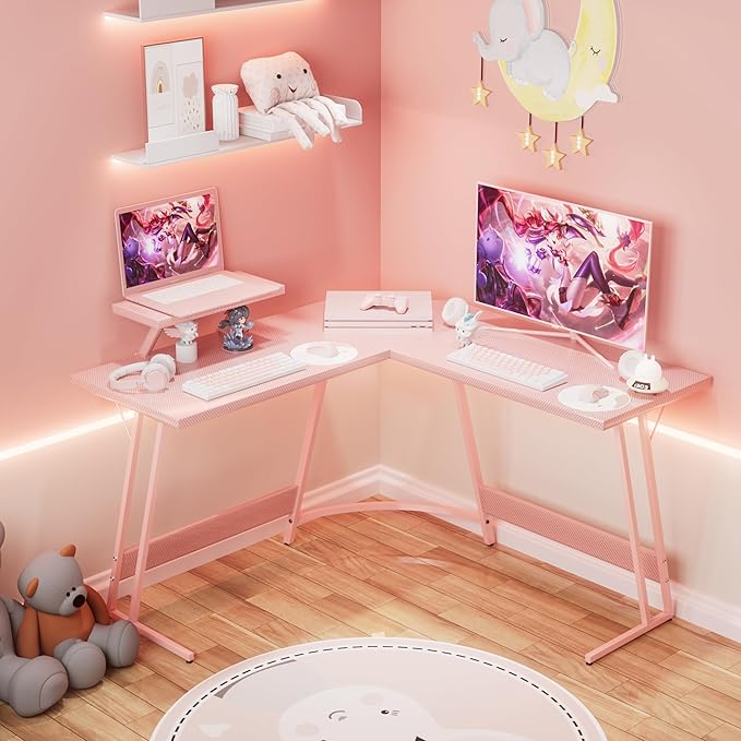 Homall Pink L Shaped Gaming Desk Computer Corner PC Desk Table with Large Monitor Stand for Home Office Studying Writing Workstation, Gift for Girls and Women (Pink, 47 Inch)