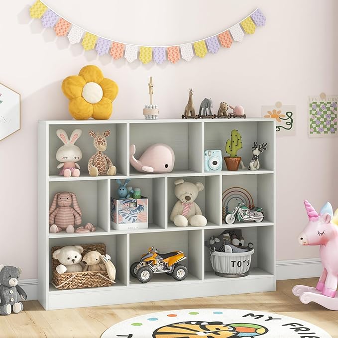 Costzon 10 Cube Bookshelf for Kids, Wooden Toy Storage Organizer w/ 2 Anti-Toppling Kits, 3 Tier Open Shelves & Non-Slip Foot Pads, Book Shelf for Kids Rooms, Playroom, Classroom, Nursery (White)
