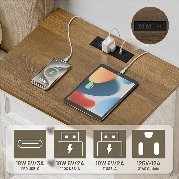 Nightstand with Charging Station Set, 24” Wide End Table with 3 Drawers Set of 2, Modern Bedside Table with Storage, Wood Small Dresser for Bedroom Living Room. (White)