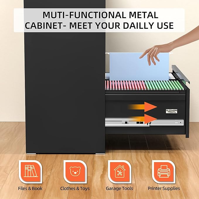 Bonusall Lateral File Cabinet 2 Drawer, Metal Lateral Filing Cabinet with Lock, Locking Horizontal Drawers File Cabinets for Legal/Letter / A4 / F4 Size for Home Office, Steel, Heavy Duty, Black