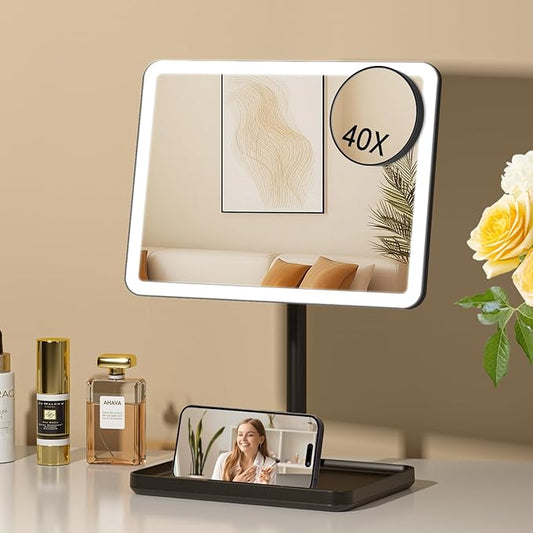 FUNTOUCH Vanity Mirror with Lights for Women Girls, Makeup Mirror Christmas Birthday Gifts for Adult Teen Kid,Detachable 40X Magnification for Vanity Desk Tabletop, Black
