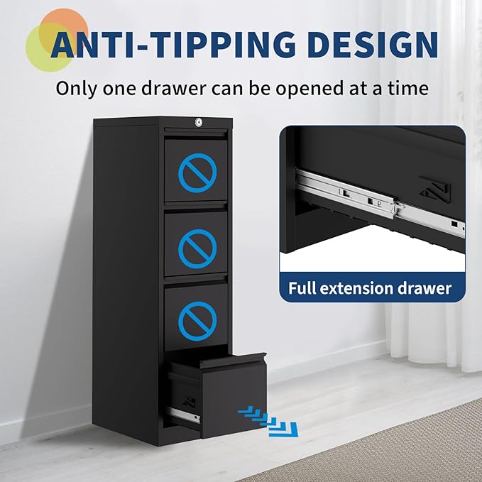 4-Drawer File Cabinet with Lock - Heavy Duty Metal Filing Cabinet for Letter/Legal/A4/F4 Documents - Vertical Storage for Home Office | Requires Assembly, Black