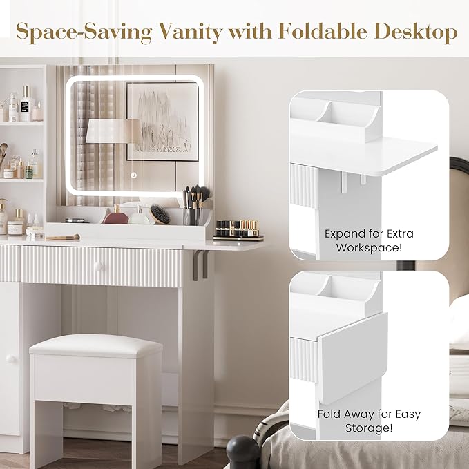 Vanity Desk with Mirror and Lights, Pink Makeup Vanity with Charging Station, Dressing Table Set with Storage Chair, Drawer Shelves, and Foldable Panel for Compact Space Bedroom (White)