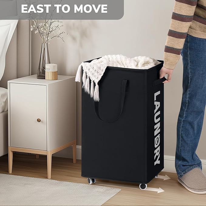 Goodpick Laundry Hamper with Wheels, 75L Dirty Clothes Hamper with Removable Wash Bag for Laundry Room, Black Rolling Laundry Basket