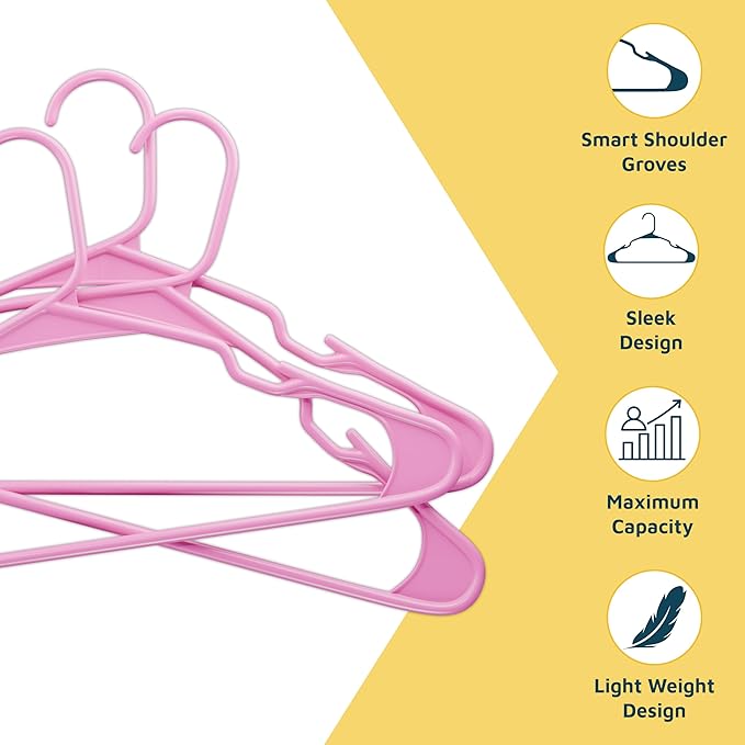 Plastic Clothes Hangers – Heavy Duty Hanger Set, for Organizing Clothes, Dresses, and Coat, Holds Up to 5 lbs, Space-Saving Hangers with Non-Slip Shoulder Grooves, Pack of 10, Pink