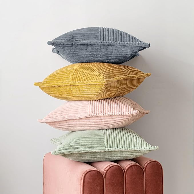 MIULEE Decorative Throw Pillow Covers for Couch Bed Livingroom 18x18 Inch Set of 2 Dustyblue Boho Accent Throw Pllows Broadside Striped Patchwork Soft Corduroy Pillowcases
