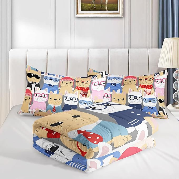 Puppy Comforter Bedding Set for Kids - Cute Pug Pattern Cartoon Pet Twin Set with 1 Comforter and 2 Pillowcases