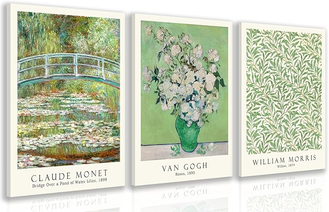 FASWQ Framed Monet Van Gogh William Morris Wall Art, Grass Botanical Wall Decor, Mid Century Impressionist Canvas Paintings, Modern Green Landscape Poster Print for Living Room Bedroom 16"x24"x3