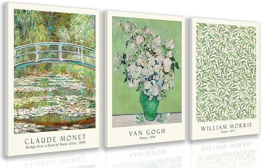 FASWQ Framed Monet Van Gogh William Morris Wall Art, Grass Botanical Wall Decor, Mid Century Impressionist Canvas Paintings, Modern Green Landscape Poster Print for Living Room Bedroom 16"x24"x3