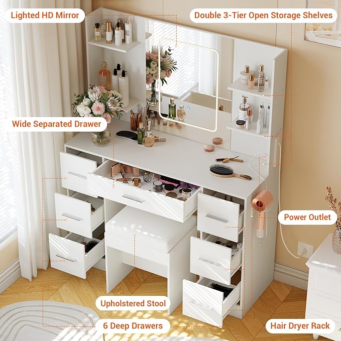 Hetoy Vanity Desk with Mirror and Lights - Makeup Vanity Desk with Chair - Dressing Table with 7 Drawers and Hair Dryer Rack for Bedroom