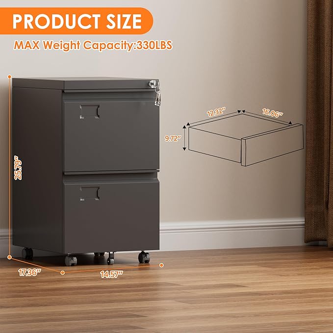 2 Drawer Mobile File Cabinet, Metal Under Desk Cabinet with Lock Name Card Holder for Office Home, Legal/Letter Size, W14.57”x D17.36”x H25.79”, Assembly Required