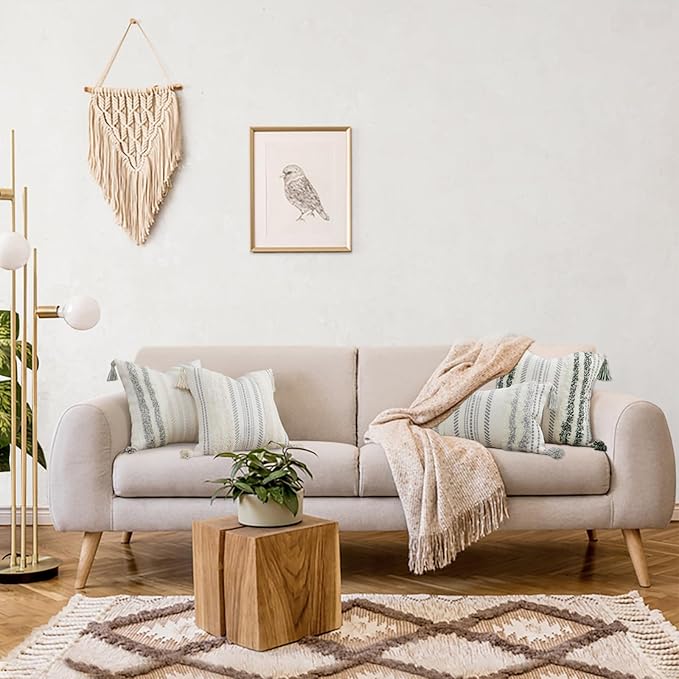 decorUhome Decorative Boho Throw Pillow Cover 20x20, Accent Neutral Textured Tufted Pillow Cover Striped for Couch Bed Sofa, Grey and Cream White, Pack of 1