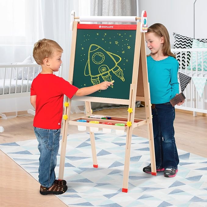 Wooden Art Easel for Kids Ages 2-12,Double-Sided Chalkboard & Whiteboard with Paper Roll,Folding Storage Tray,Gift for Boys & Girls