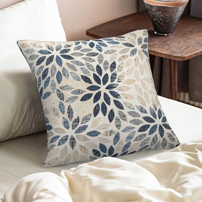 Dahlia Pillow Covers 22x22 Inch Set of 2 Summer Rust Geometric Flower Outdoor Decorative Throw Pillows Farmhouse Navy Blue Pillow Case Linen Square Cushion Cover for Home Sofa Bedroom Living Room