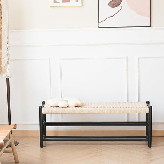 Solid Wood Entryway Bench with Shoe Storage, Rustic Oak Wood and Woven Design 39.4 Inch Long Seating for Living and Dining Rooms, 3-Tier Black