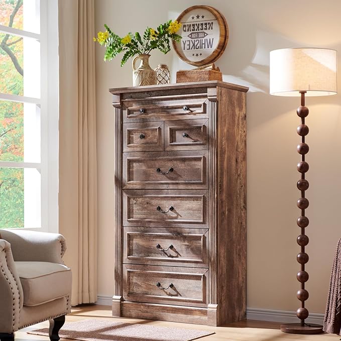 Farmhouse 7 Drawers Dresser for Bedroom, 57" Tall Large Dressers & Chests of Drawers w/Roman Column, Storage Dressers Organizer for Bedroom, Hallway, Living Room, Light Brown