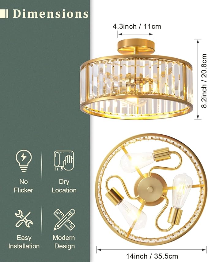 black flush Mount ceiling light, 3- lights caged crystal chandelier, small drum hallway light fixtures ceiling Mount, 14 INCH Brass Gold (3-Lights)