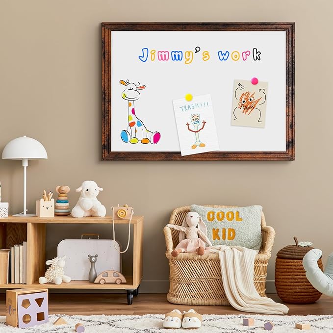 4 THOUGHT Dry Erase Board, 24" x 18" Magnetic Whiteboard Brown Vintage Wood Frame Wall-Mounted White Board Decorative Notice Board School, Office, Home, 6 Magnets 4 Markers 1 Eraser