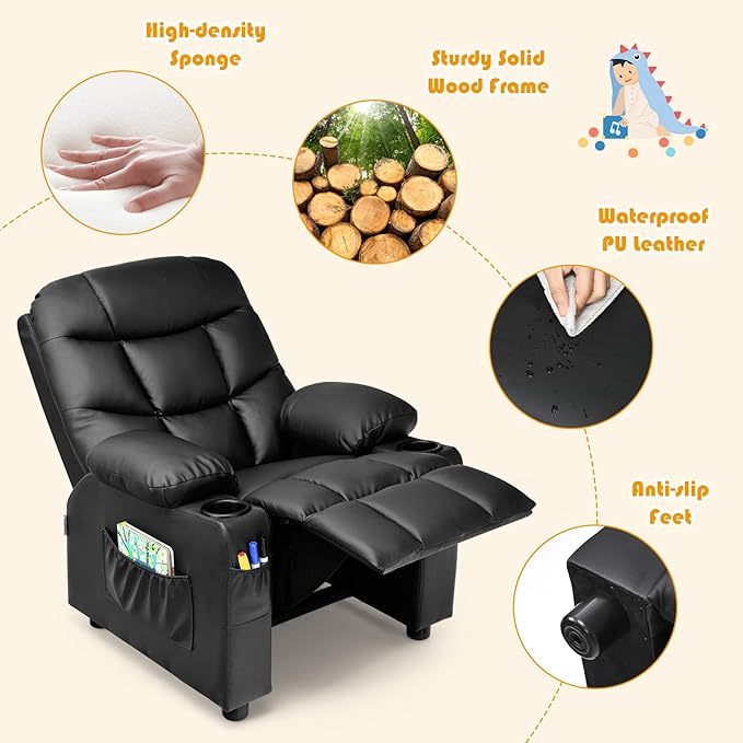 Kids Recliner, Kids Recliner Chair w/ 2 Cup Holders, PU Leather Kids Chairs Compy w/Adjustable Backrest & 3 Pockets, Toddler Furniture Sofa for Boys Girls Aged 3+ (Black)