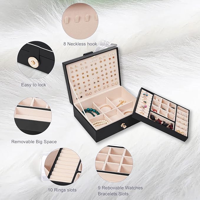 Jewelry Box Organizer for Women, Earring Organizer Box with PU Leather for Birthday Christmas and Theme Party Gifts-Black