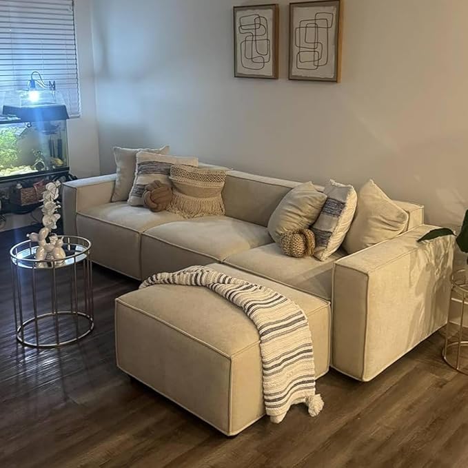 Acanva Luxury Modular Sectional Living Room Sofa Set, Modern Minimalist Style Couch with Ottoman and Chaise, L-Shape, Linen-Like Cream